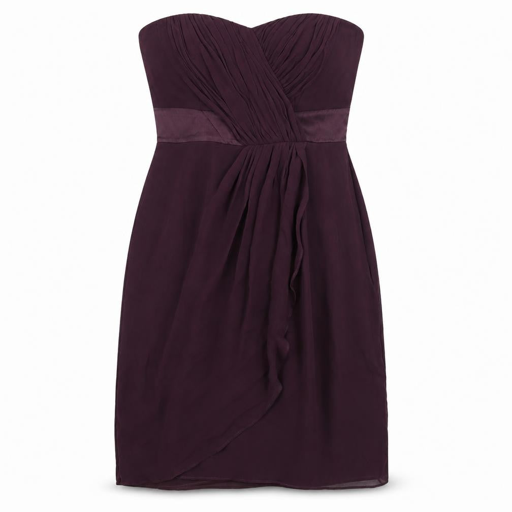 Front view of Coast women’s purple silk mini, size UK 10, off the shoulder zip