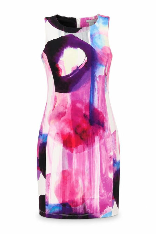 Front view of H&M women’s multicoloured geometric polyester shift, size S, round neck zip
