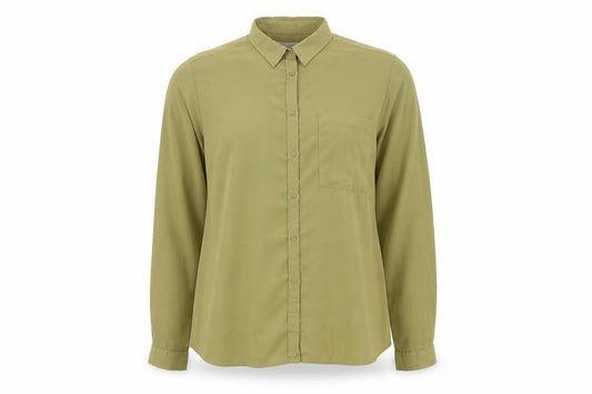 Front view of LFT women’s green polyester basic button-up, size L, collared