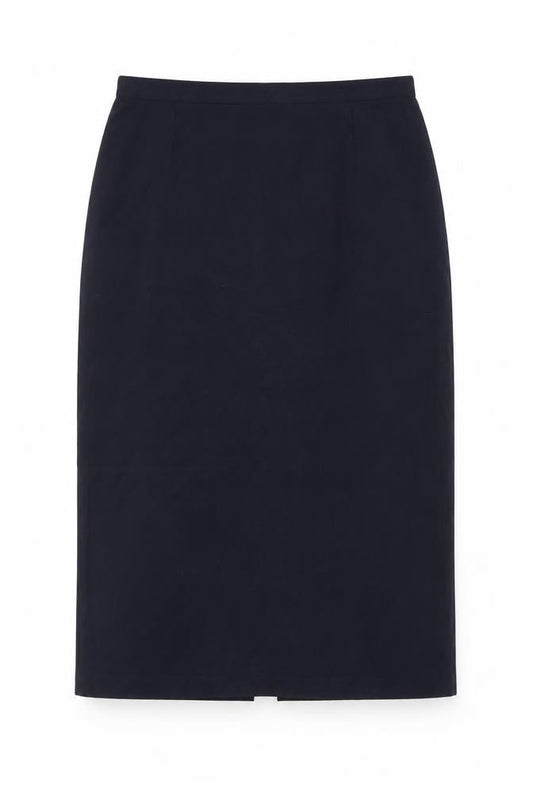 Front view of OPS women’s blue polyester maxi skirt, size UK 14, zip