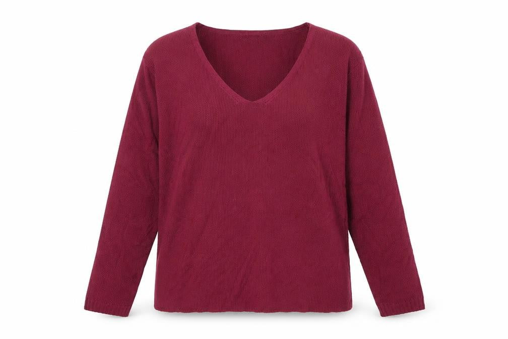 Front view of IPRETTY women’s red v-neck polyester jumper, size XL