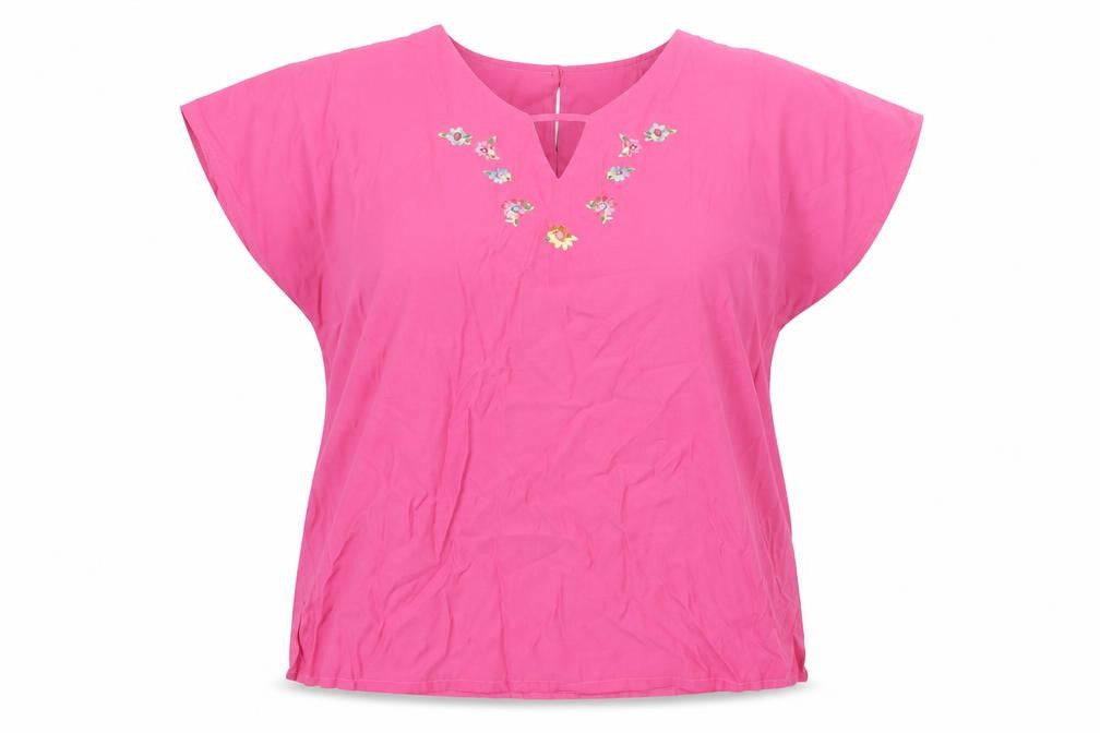 Front view of Daxon women’s pink floral viscose basic t-shirt, size UK 14, round neck