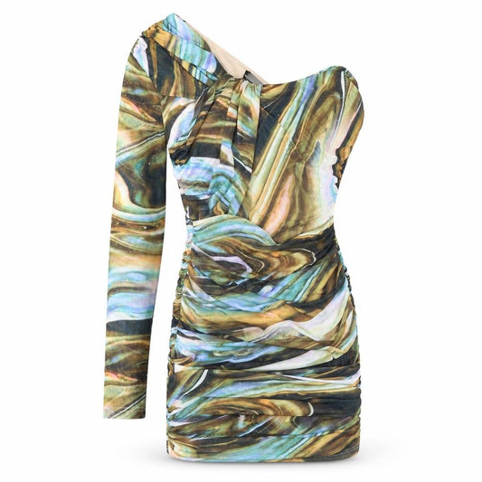 Front view of PRETTYLITTLETHING women’s multicoloured geometric polyester bodycon, size UK 8, off the shoulder zip