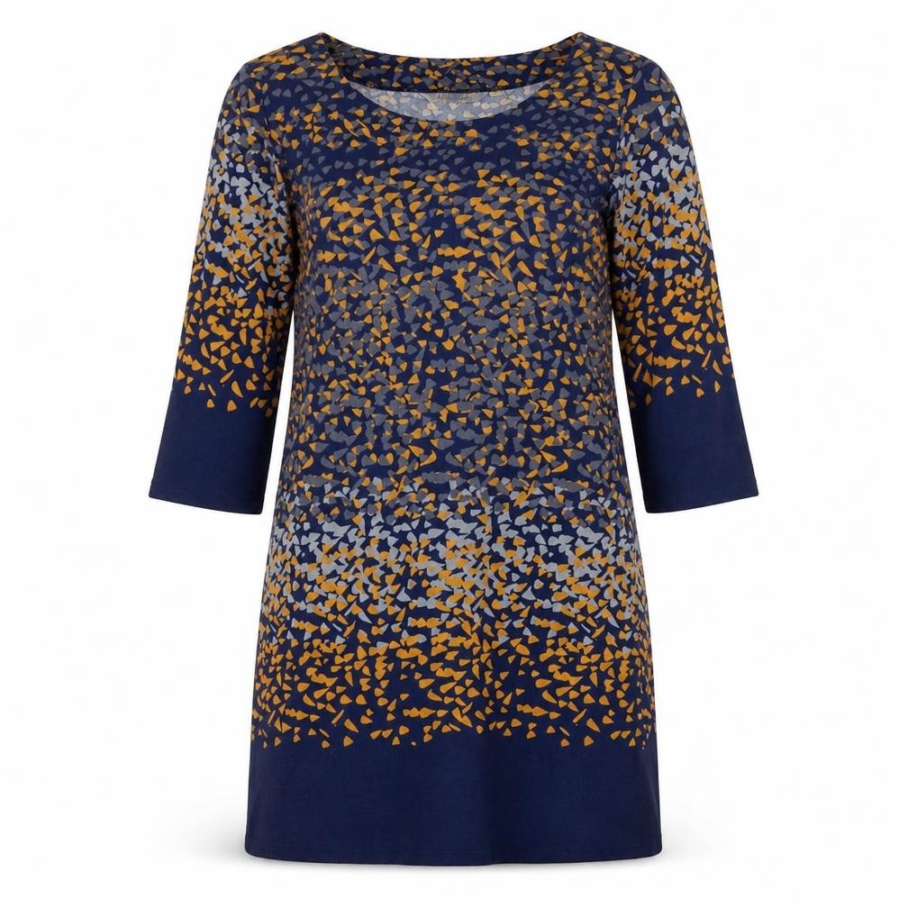 Front view of Epilogue women’s blue geometric polyester a-line, size UK 12, round neck pullover