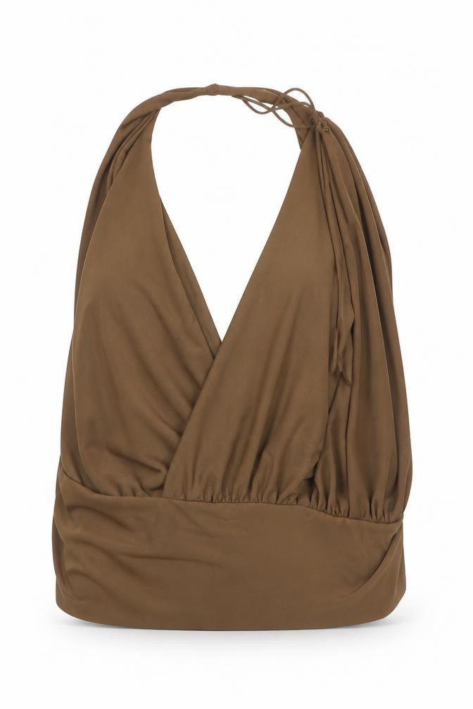 Front view of Zara women’s brown polyester basic blouse, size S, v-neck
