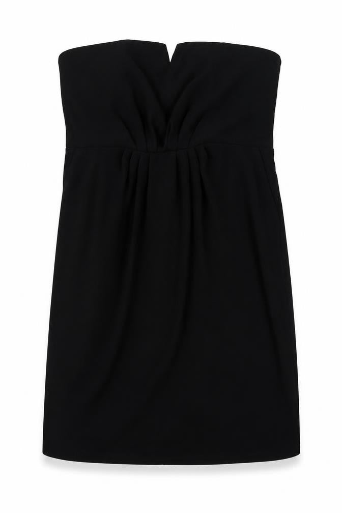 Front view of Oasis women’s black polyester mini, size UK 16, off the shoulder zip