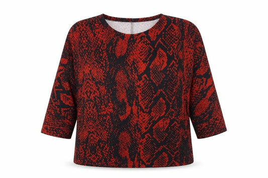 Front view of Simon Jeffrey women’s red animal print polyester basic t-shirt, size UK 12, round neck - snake skin print