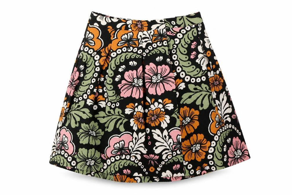H&M Womens Black Floral Polyester A-Line Skirt Size 6 Zip