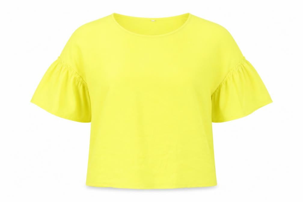 Front view of Stradivarius women’s yellow polyester basic blouse, size S, round neck
