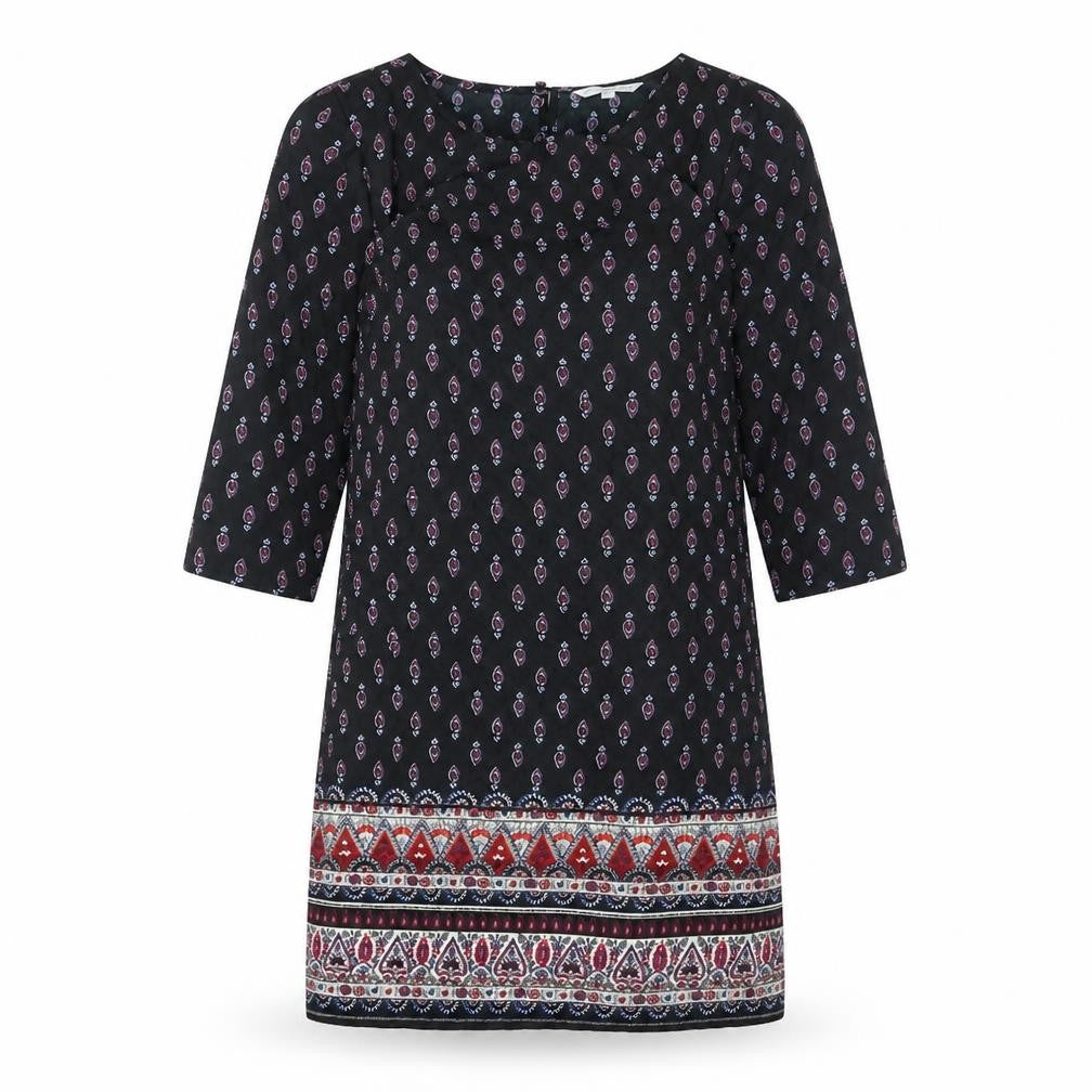 Front view of New Look women’s multicoloured geometric polyester sheath, size UK 10, round neck button