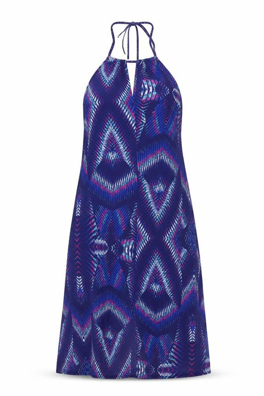 Front view of Kaleidoscope women’s multicoloured geometric polyester a-line, size UK 14, halter pullover