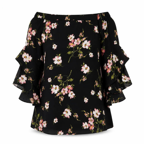 NB Avenue Womens Black Floral Polyester Tunic Blouse Size L Off the Shoulder
