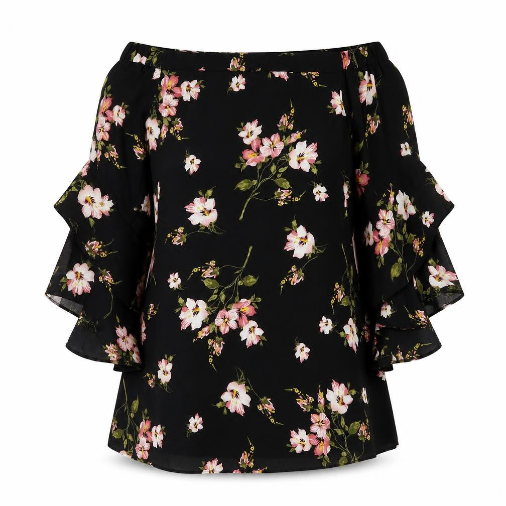 NB Avenue Womens Black Floral Polyester Tunic Blouse Size L Off the Shoulder