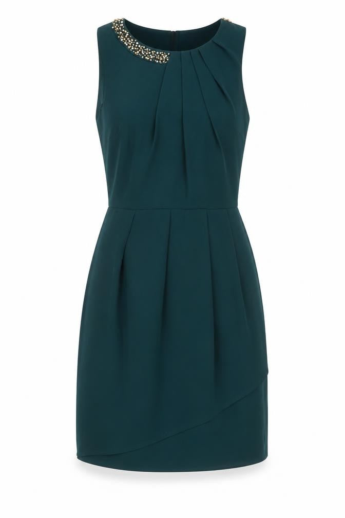 Front view of Oasis women’s green polyester a-line, size UK 10, round neck zip