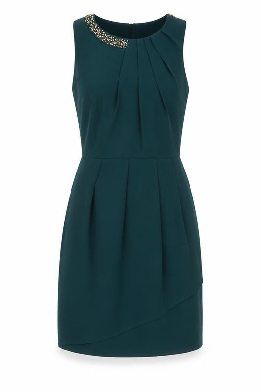 Front view of Oasis women’s green polyester a-line, size UK 10, round neck zip