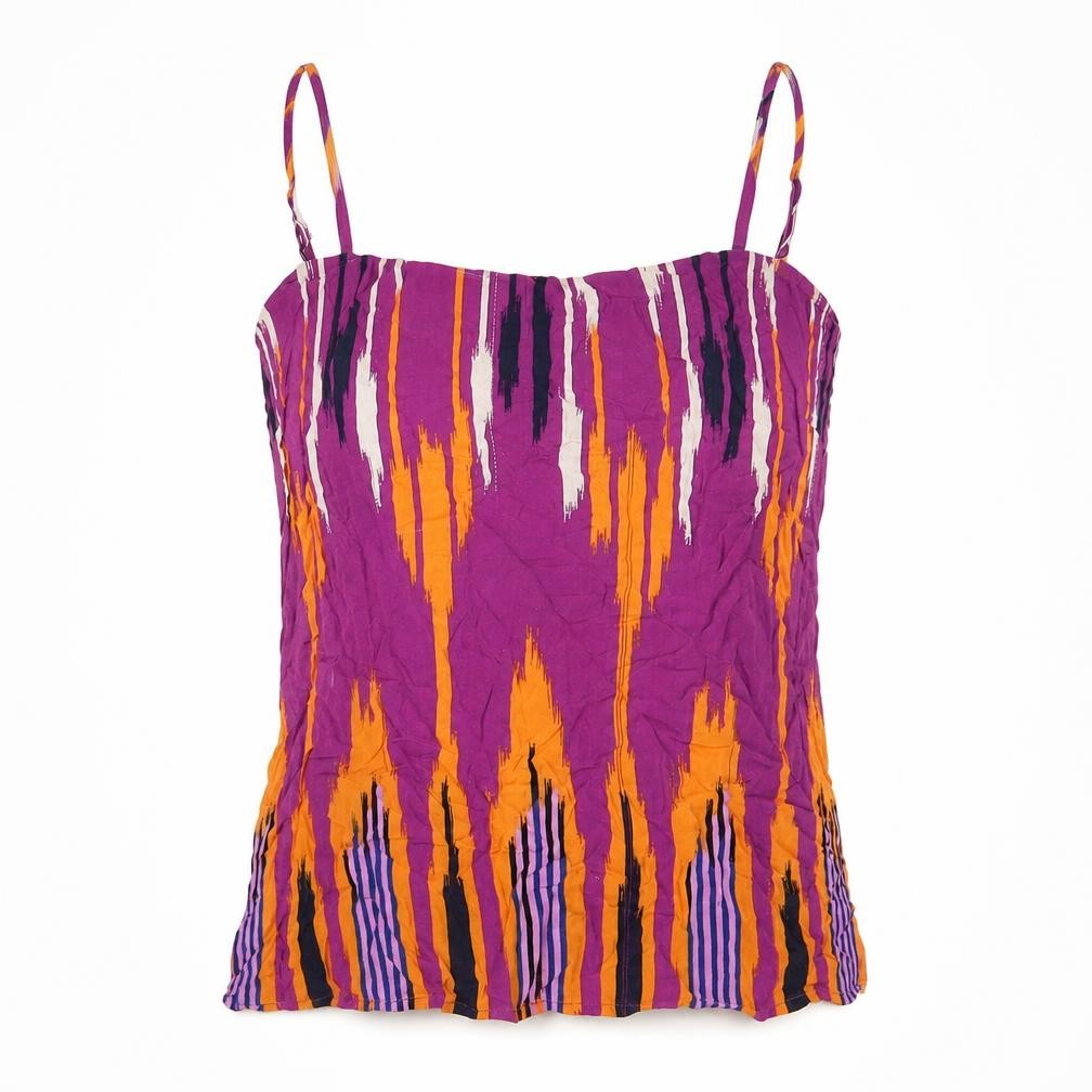 Front view of Warehouse women’s purple geometric viscose basic tank, size UK 8, v-neck