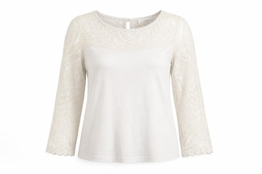 Front view of Next women’s ivory geometric polyester jersey blouse, size UK 6, round neck