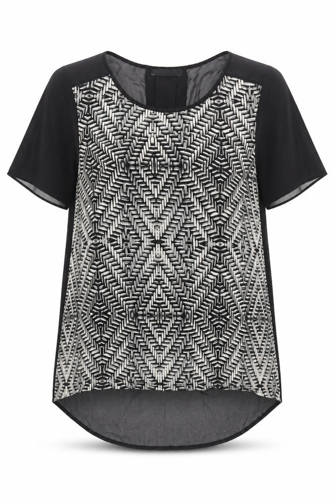Front view of George women’s black geometric polyester jersey blouse, size UK 10, round neck