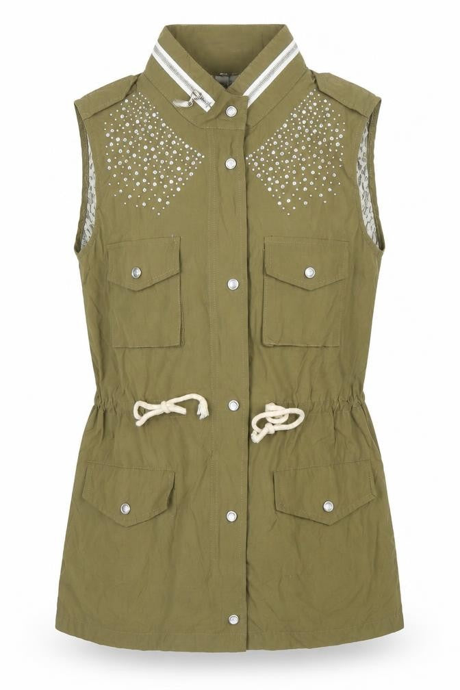 Front view of Jumpo women’s green gilet jacket, size UK 10, zip