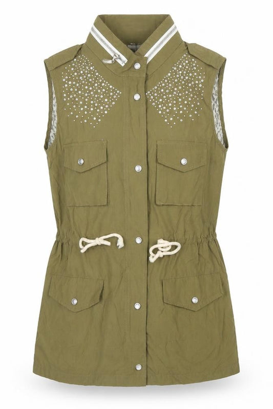 Front view of Jumpo women’s green gilet jacket, size UK 10, zip