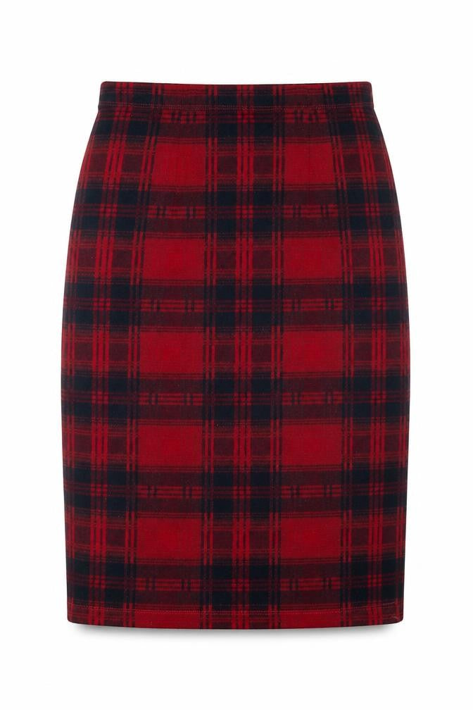 Front view of Tu women’s red plaid polyester a-line skirt, size UK 10