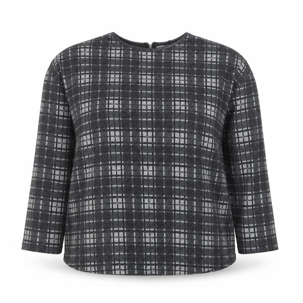Front view of Peacocks women’s grey plaid polyester basic blouse, size UK 12, round neck