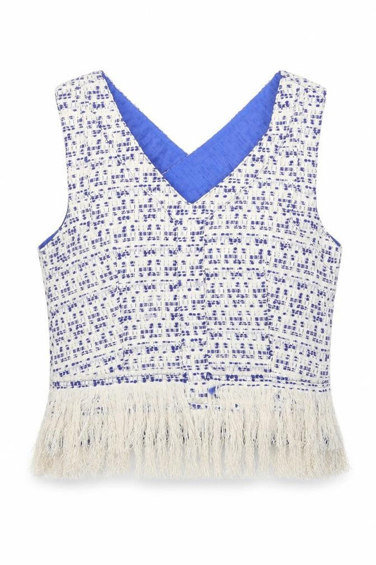 Front view of Drole de copine women’s white geometric polyester cropped blouse, size S, v-neck