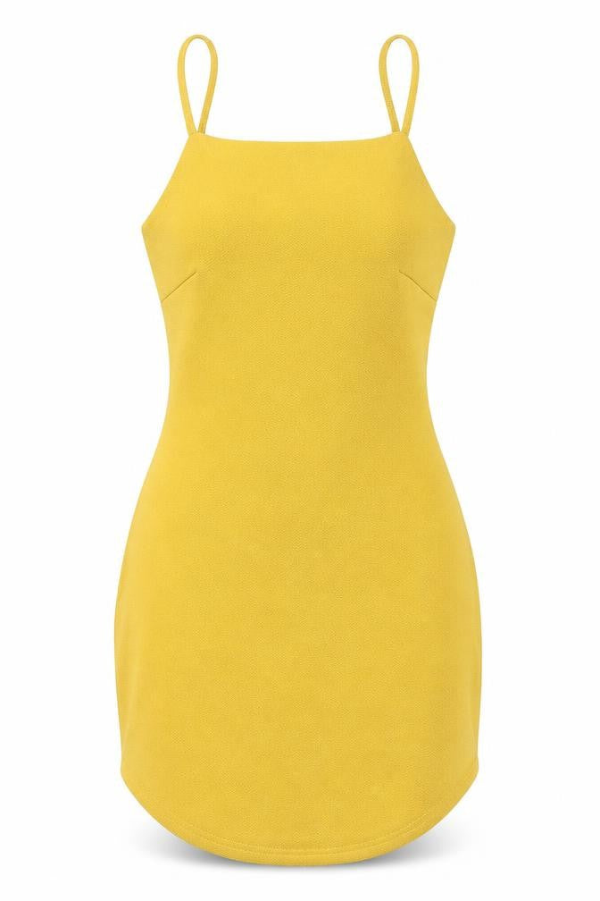 Front view of Missguided women’s yellow polyester tank dress, size UK 6, scoop neck pullover