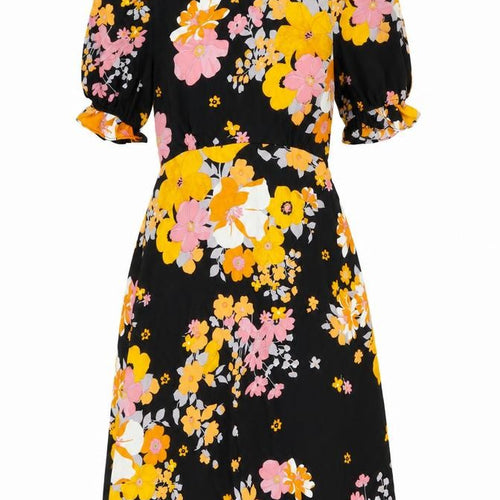 Preworn Womens Black Floral Polyester Fit & Flare Size 6 Round Neck Button