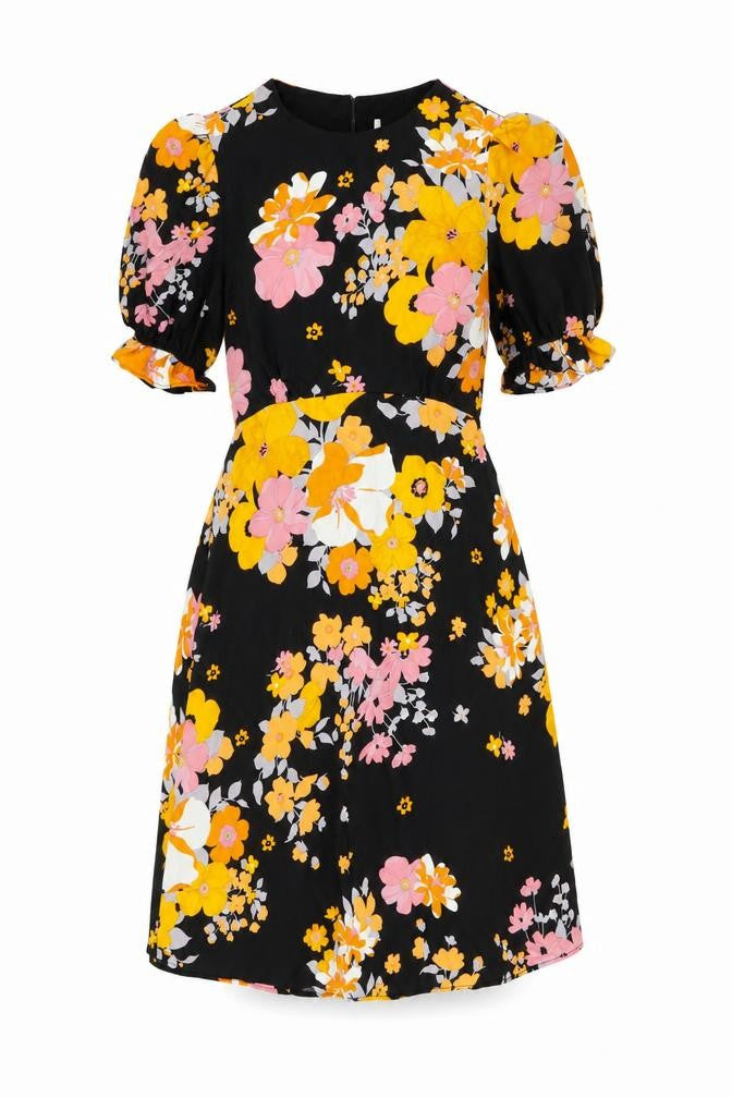 Preworn Womens Black Floral Polyester Fit & Flare Size 6 Round Neck Button