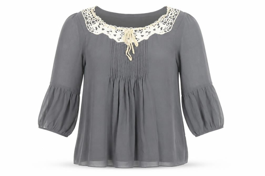 Front view of Darling women’s grey polyester basic blouse, size L, scoop neck - lace trim