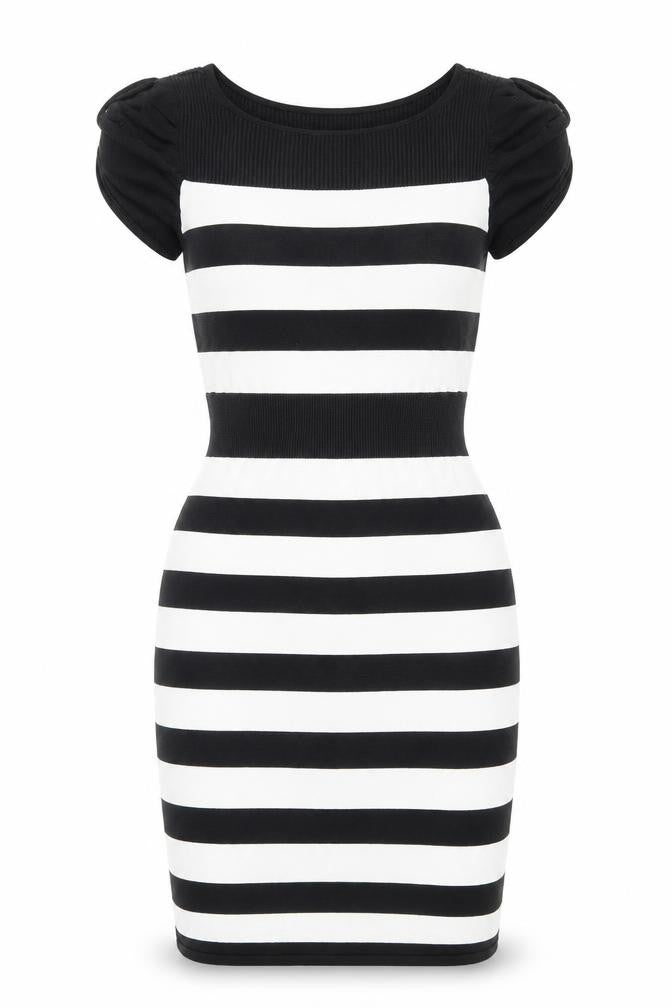 Front view of Kenneth Cole women’s black striped viscose bodycon, size S, boat neck pullover