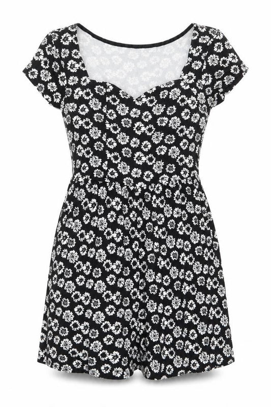 Front view of ASOS women’s black floral viscose playsuit one-piece, size UK 8, pullover