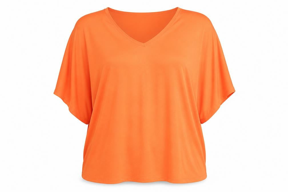 Front view of Marina Kaneva women’s orange polyester basic blouse, size UK 22, round neck