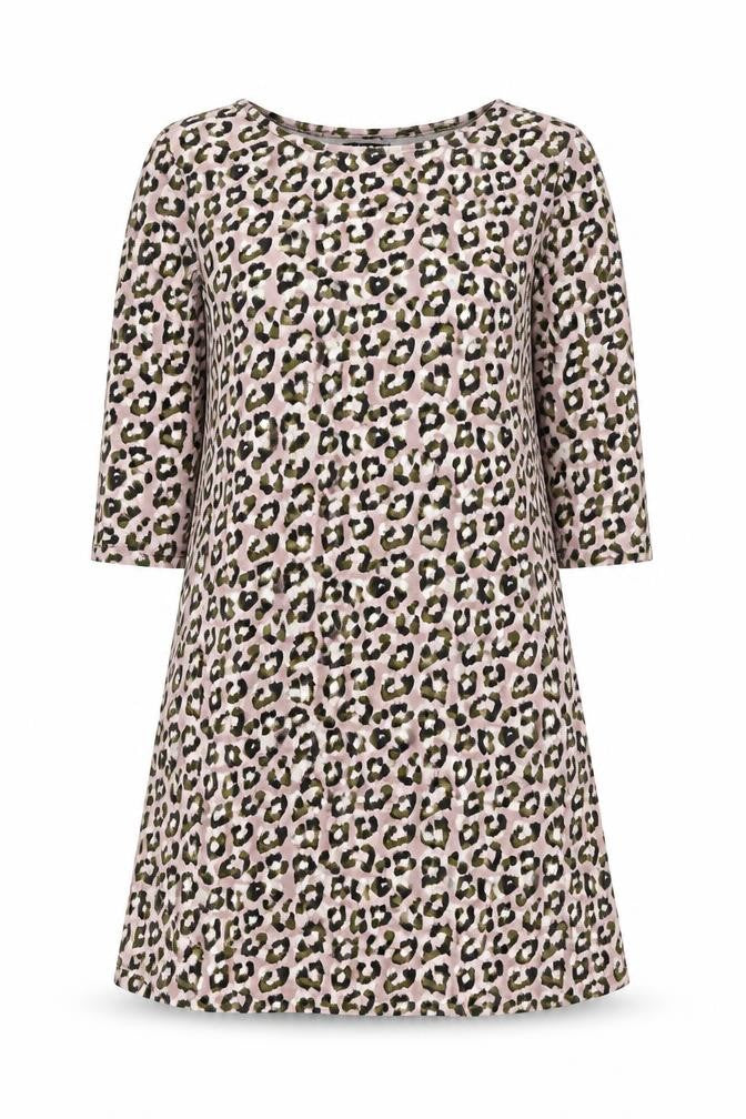 Front view of Avon women’s pink animal print cotton a-line, size UK 12, boat neck pullover