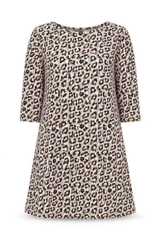 Front view of Avon women’s pink animal print cotton a-line, size UK 12, boat neck pullover