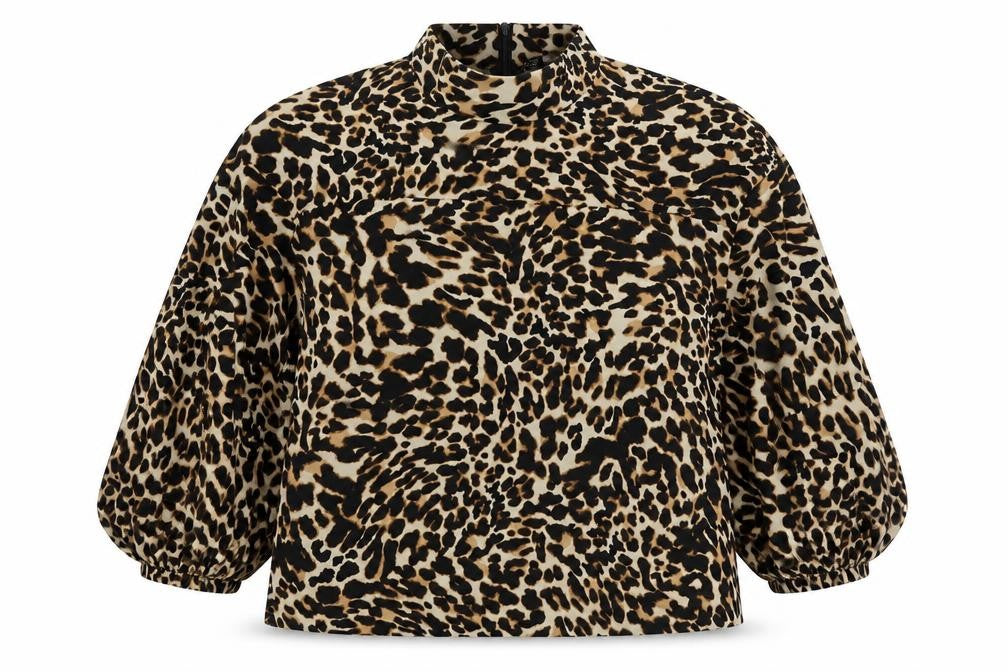 Zara Womens Brown Animal Print Polyester Basic Blouse Size S Mock Neck