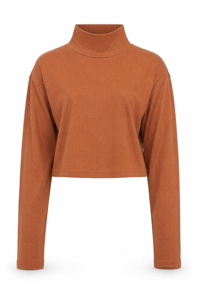 Front view of Missguided women’s brown high neck polyester jumper, size UK 10, - cut out back