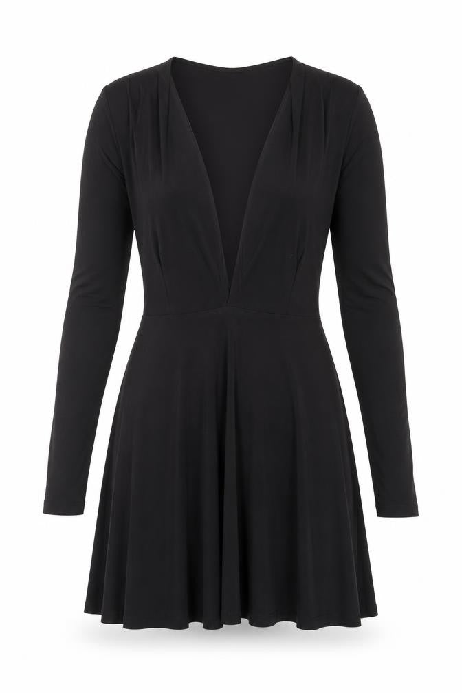 Front view of Missguided women’s black polyester skater dress, size UK 6, v-neck pullover