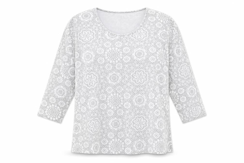Front view of Cotswold women’s silver geometric basic blouse, size M, round neck