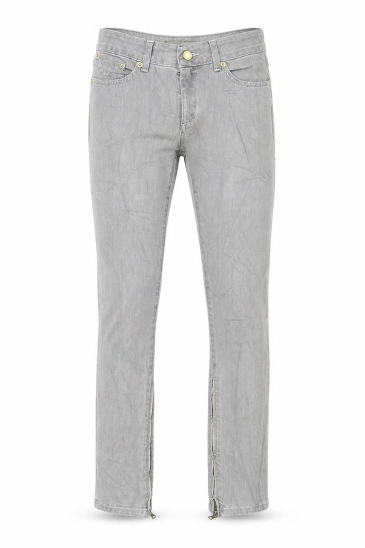 Front view of Superfine women’s grey cotton skinny jeans, size UK 27, 28-inch leg regular zip