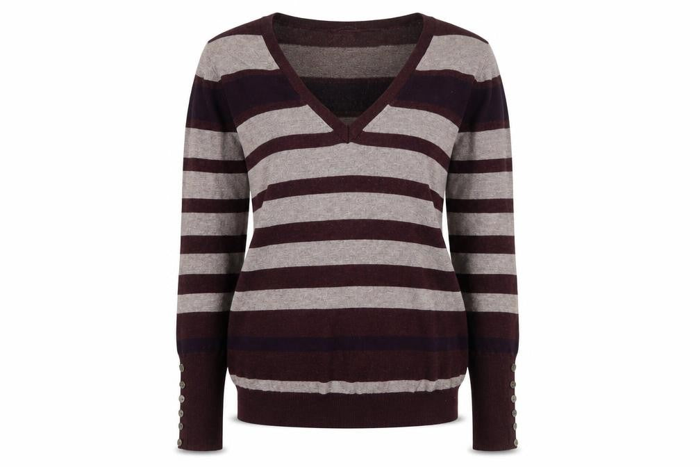 Front view of Papaya women’s multicoloured v-neck striped viscose jumper, size UK 14