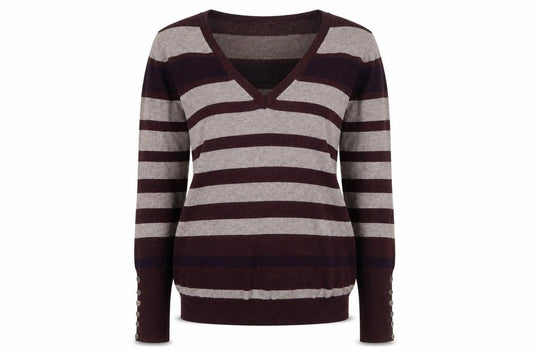 Front view of Papaya women’s multicoloured v-neck striped viscose jumper, size UK 14