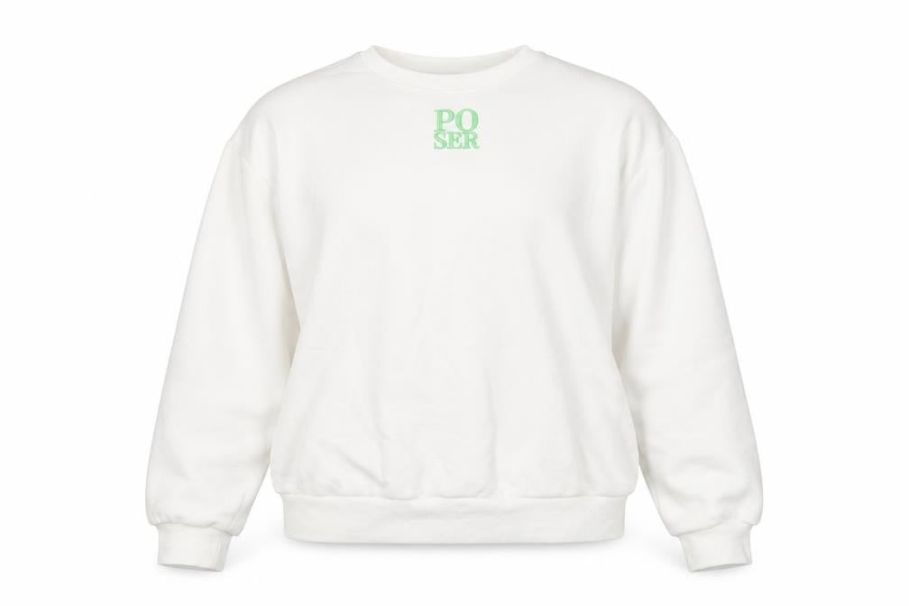 Front view of Poser Parlour women’s white polyester pullover sweatshirt, size L, pullover - poser
