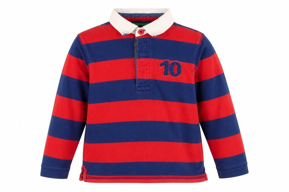 Front view of John Lewis boys’ multicoloured striped polyester pullover polo, size 4, years collared button