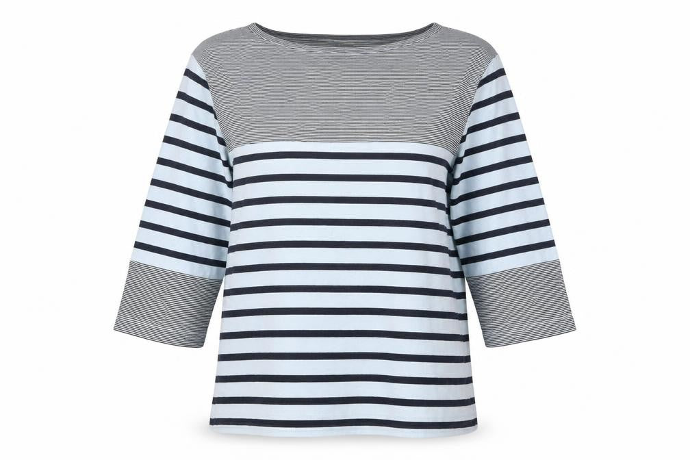 Front view of Cotton Traders women’s multicoloured striped cotton basic t-shirt, size UK 16, round neck