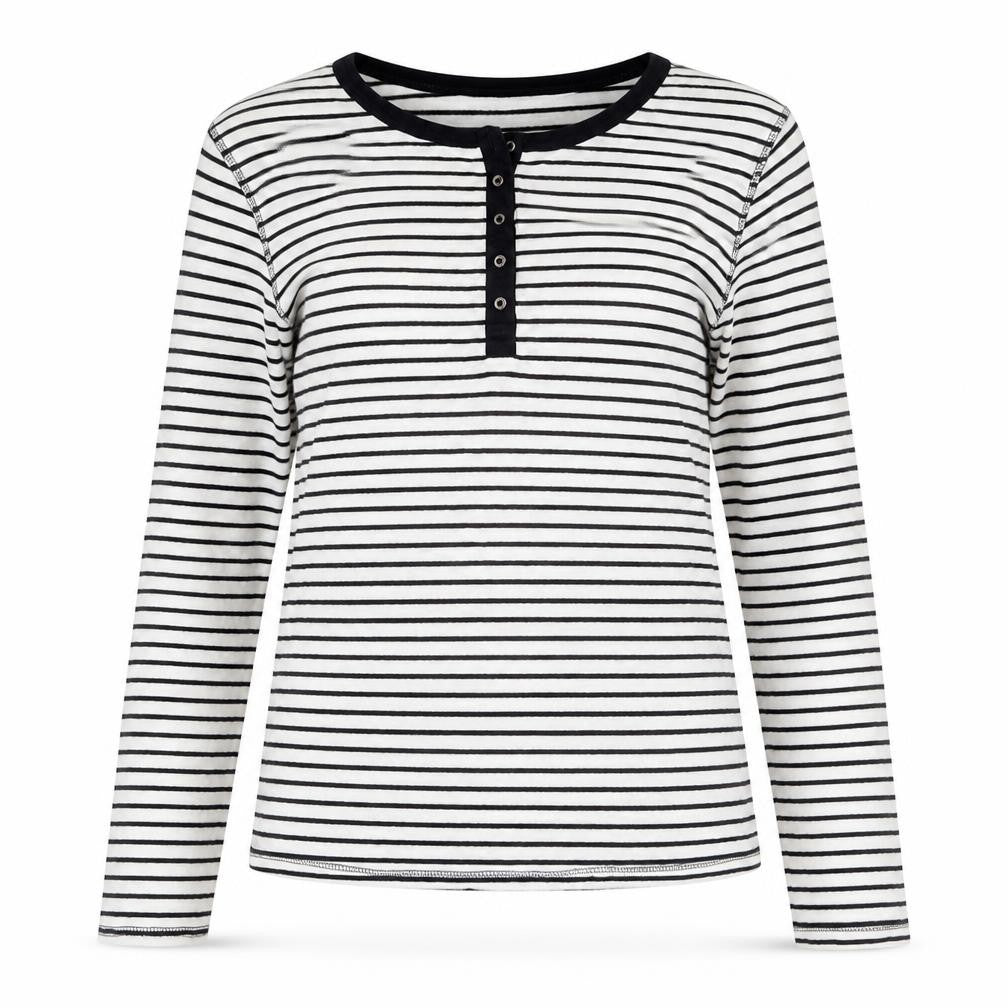 Front view of Marks & Spencer women’s multicoloured striped polyester basic button-up, size UK 12, round neck