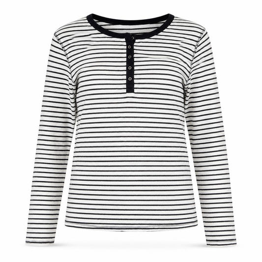Front view of Marks & Spencer women’s multicoloured striped polyester basic button-up, size UK 12, round neck