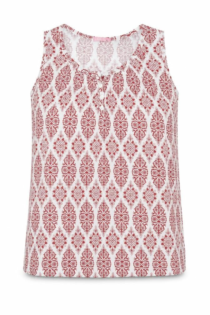 Front view of Radaus women’s red geometric polyester basic tank, size L, round neck