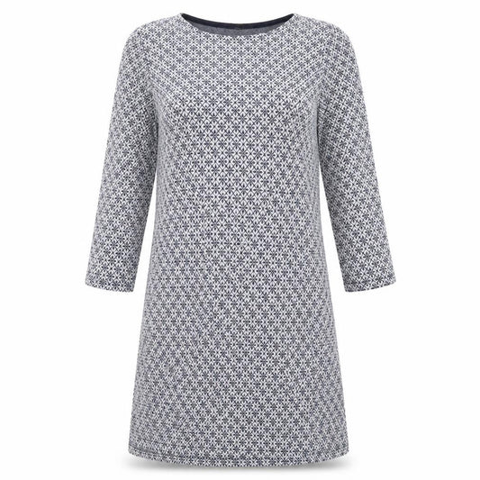 Front view of Zuiki women’s black geometric polyester t-shirt dress, size S, round neck pullover